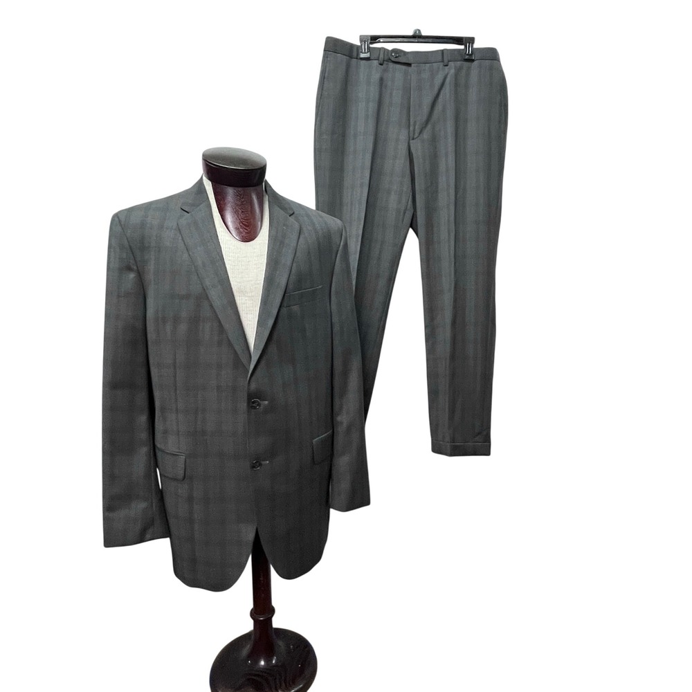 Jack Victor Select Men 44L/38 Suit 100% Wool Gray Plaid Check 2 Button Neptune